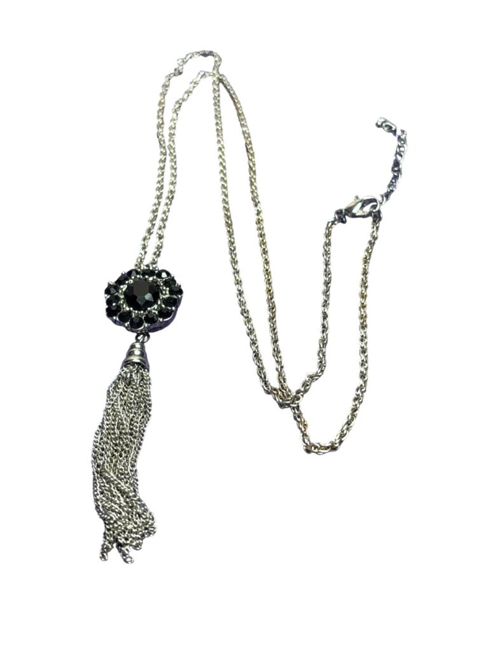 Black Rhinestone Halo Circle Snap Charm Pendant Necklace Chain Tassel